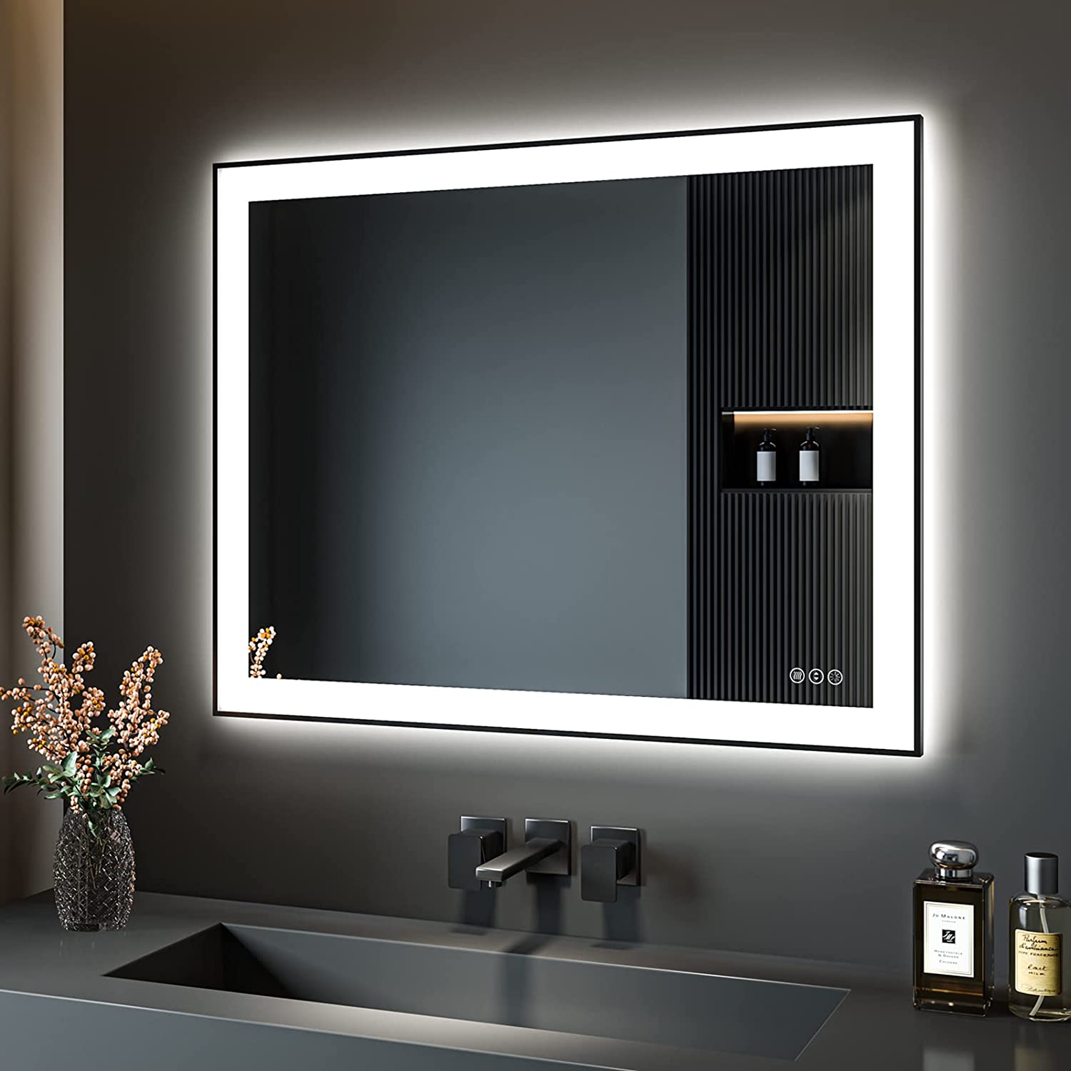 MIRROTREND Black Framed LED Rectangle Bathroom Mirror with Lights