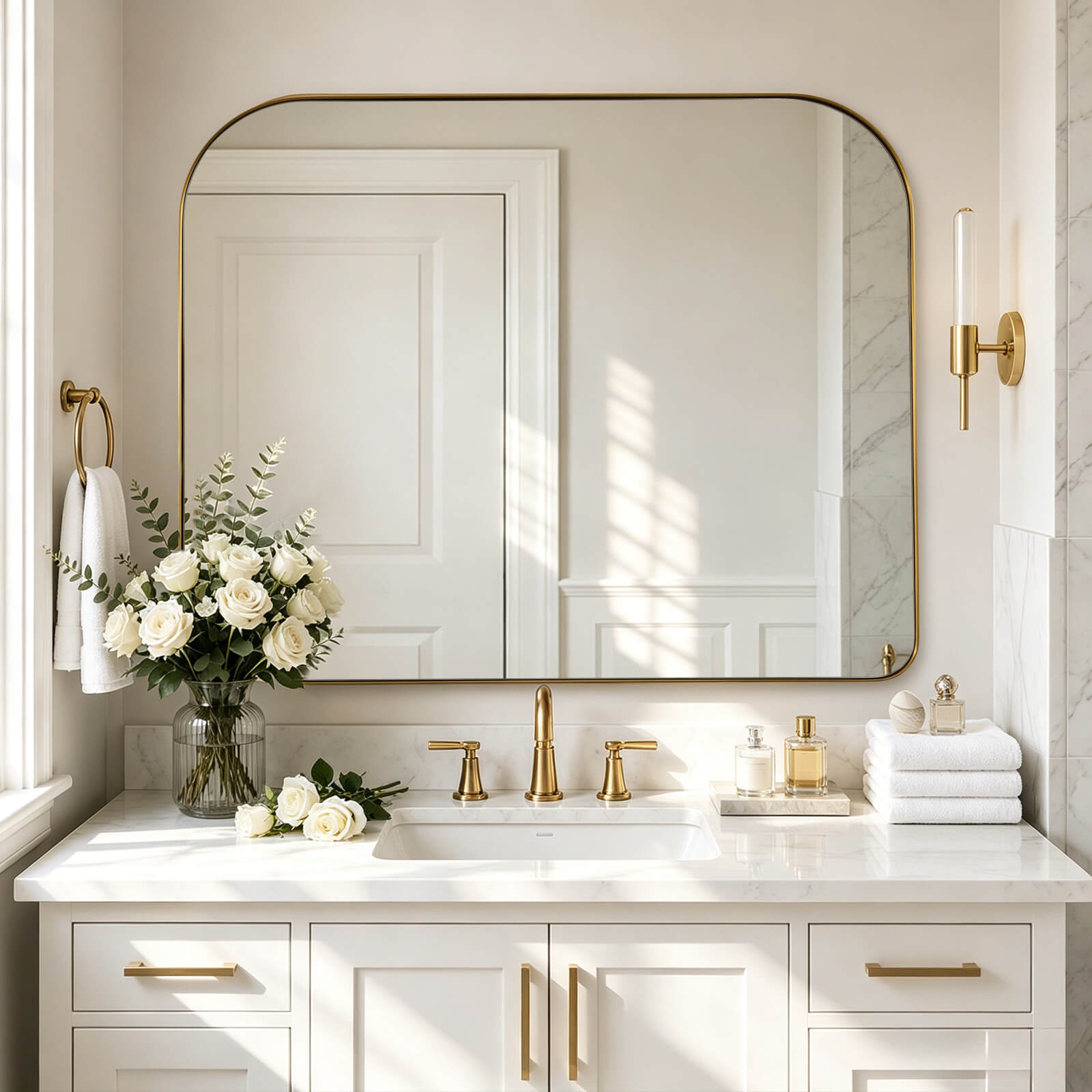 Modern Mantel Wide Arch Rectangle Bathroom Vanity  Mirror | Stainless Steel Frame