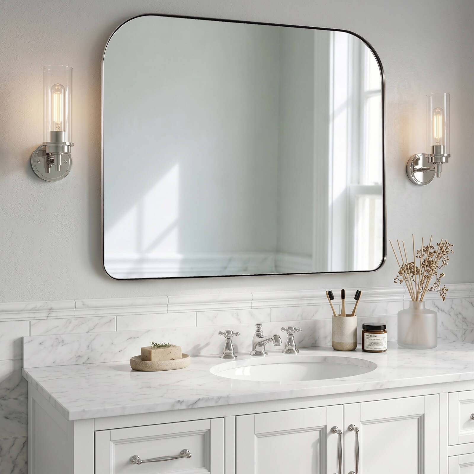 Modern Mantel Wide Arch Rectangle Bathroom Vanity  Mirror | Stainless Steel Frame