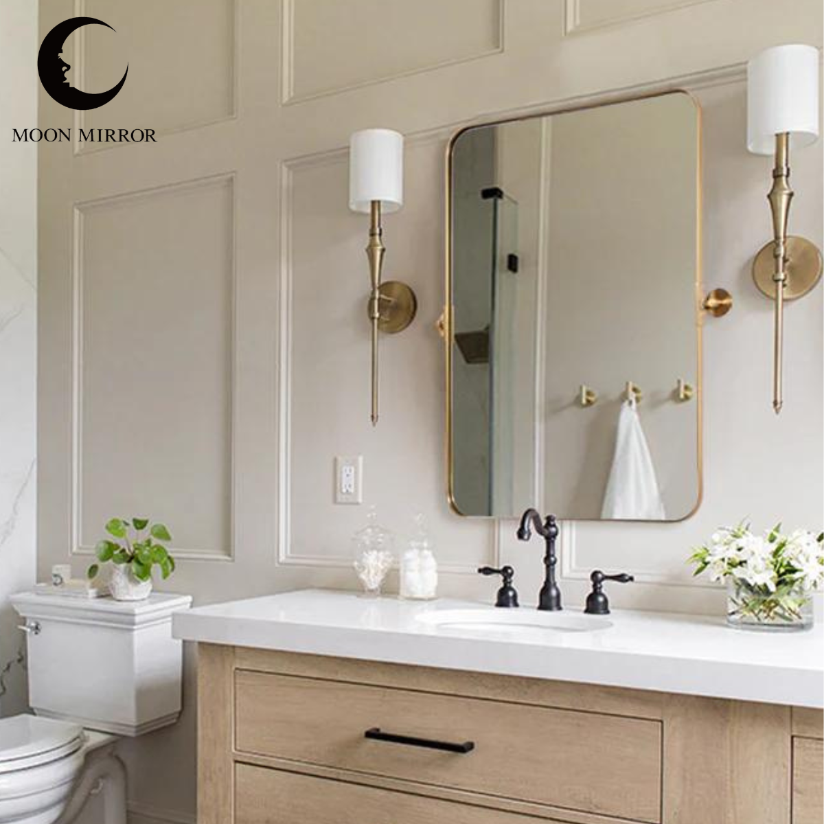 MOON MIRROR Modern Gold Tilting Rectangle Pivot Mirrors for Bathroom with Stainless Steel Frame