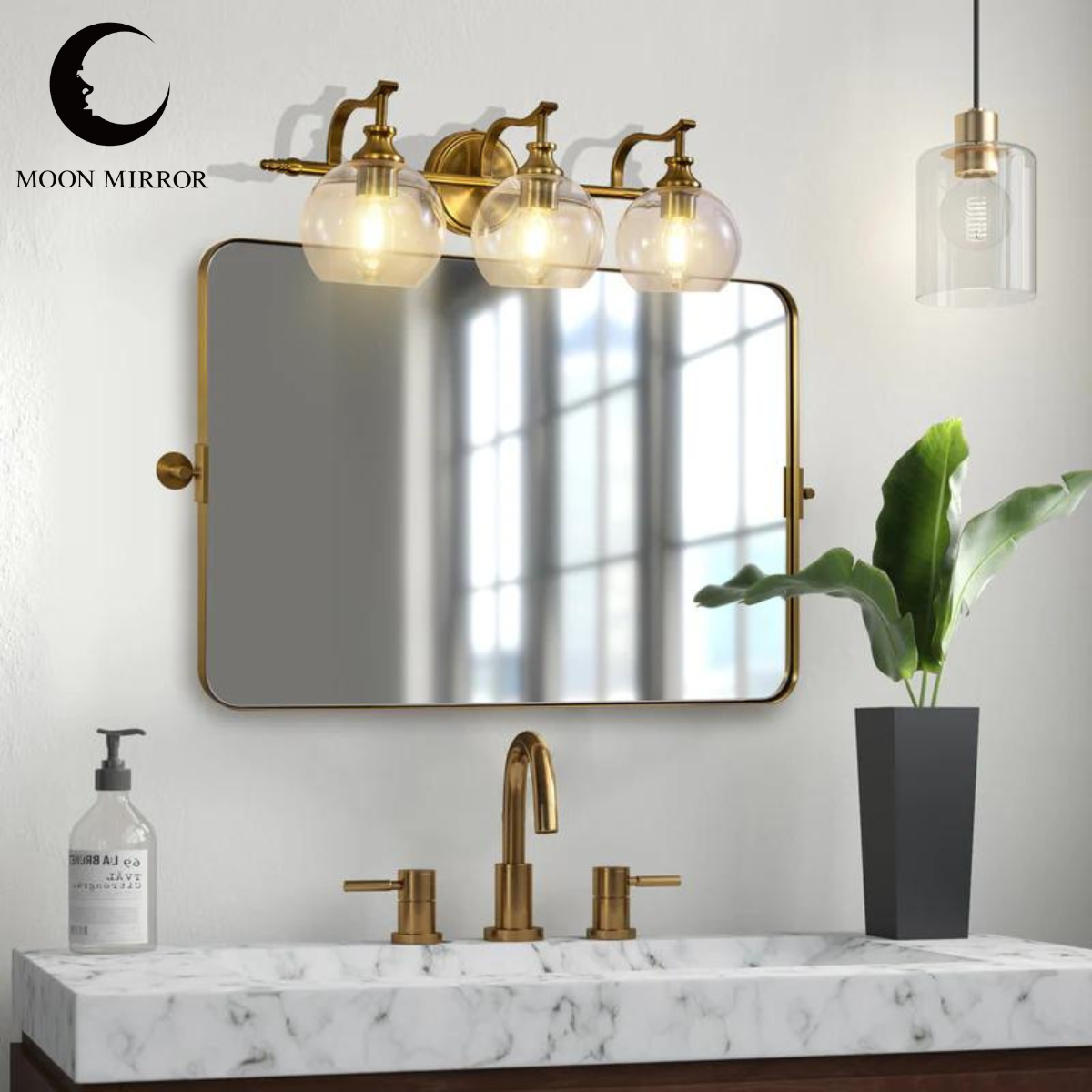 MOON MIRROR Modern Gold Tilting Rectangle Pivot Mirrors for Bathroom with Stainless Steel Frame