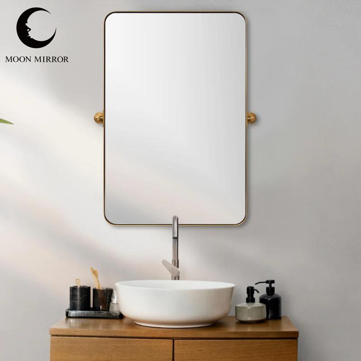 MOON MIRROR Modern Gold Tilting Rectangle Pivot Mirrors for Bathroom with Stainless Steel Frame