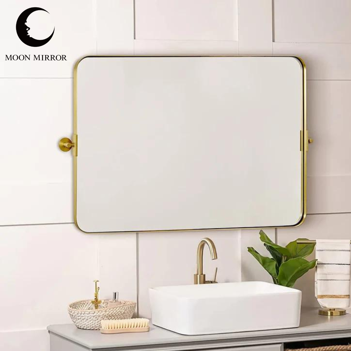 MOON MIRROR Modern Gold Tilting Rectangle Pivot Mirrors for Bathroom with Stainless Steel Frame