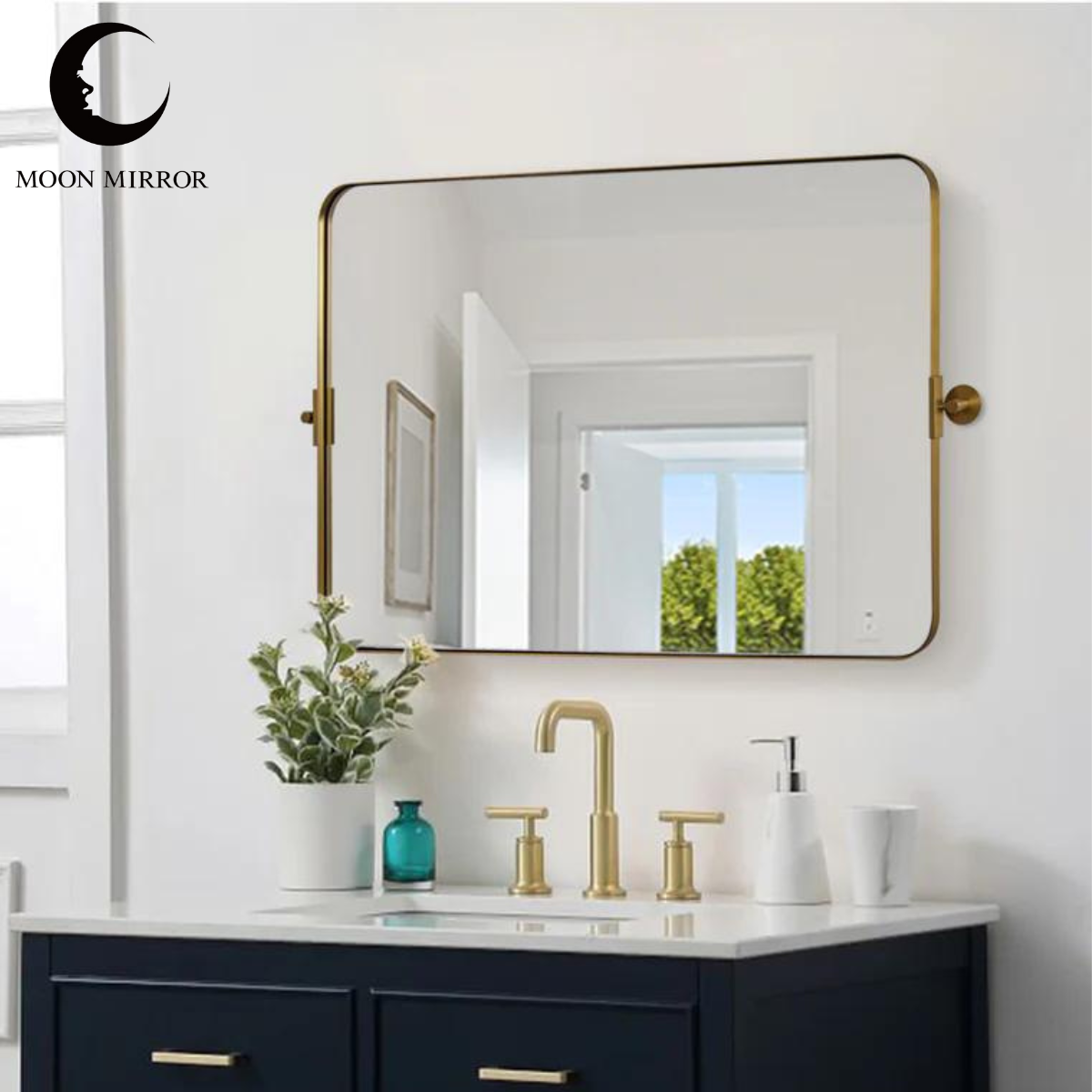 MOON MIRROR Modern Gold Tilting Rectangle Pivot Mirrors for Bathroom with Stainless Steel Frame