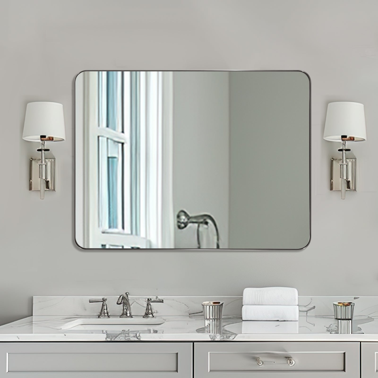 Modern Rounded Rectangle Mirror for Bathroom/ Vanity/ Wall | Stainless Steel Frame