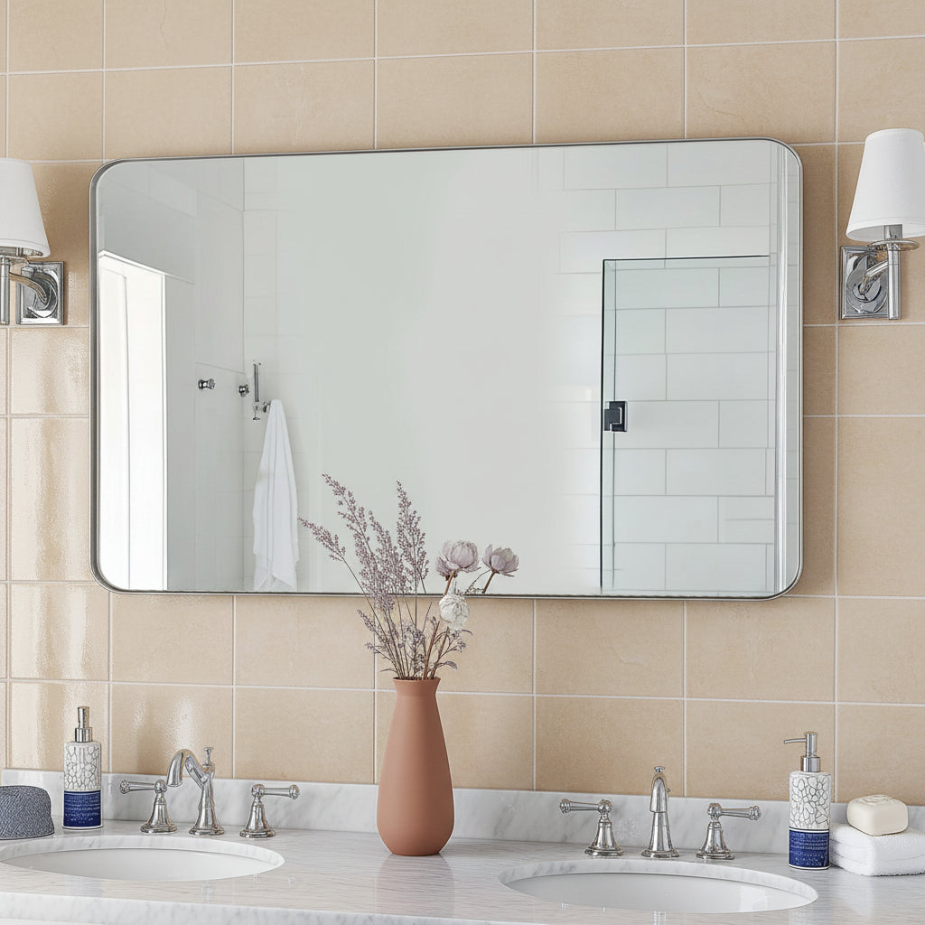 Modern Rounded Rectangle Mirror for Bathroom/ Vanity/ Wall | Stainless Steel Frame