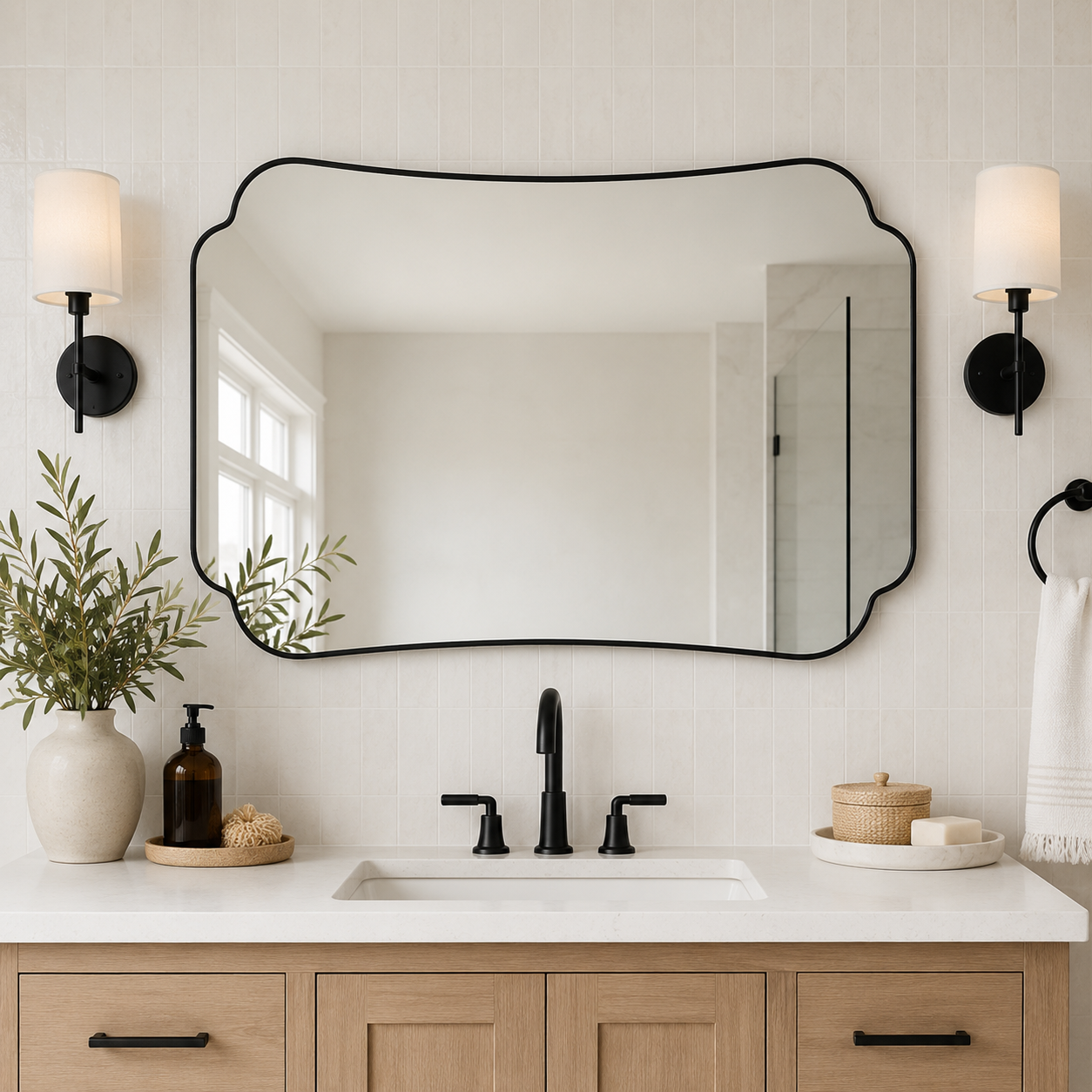 Contemporary Cut Corner Concave Edge Scalloped Bathroom Mirror | Stainless Steel Frame