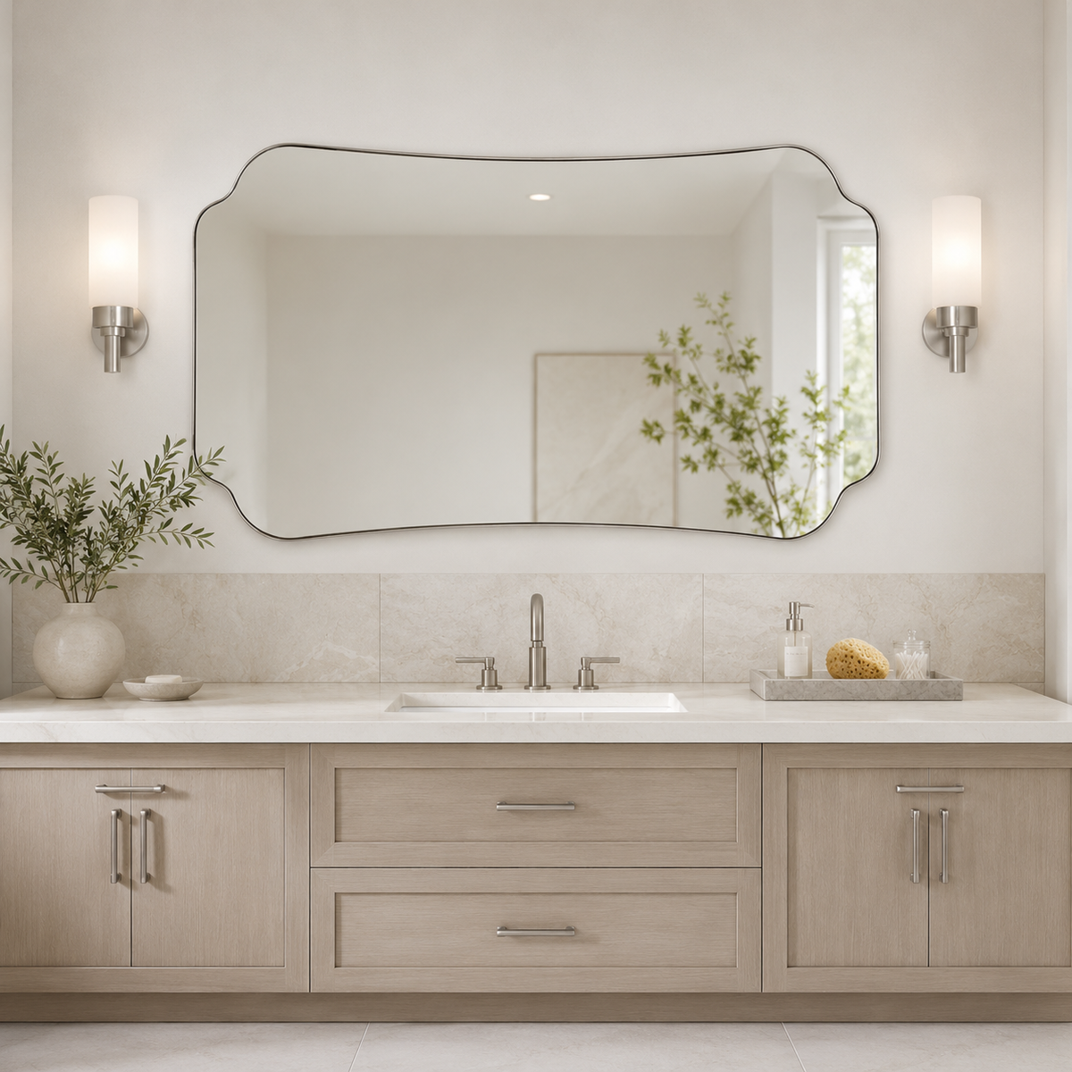 Contemporary Cut Corner Concave Edge Scalloped Bathroom Mirror | Stainless Steel Frame
