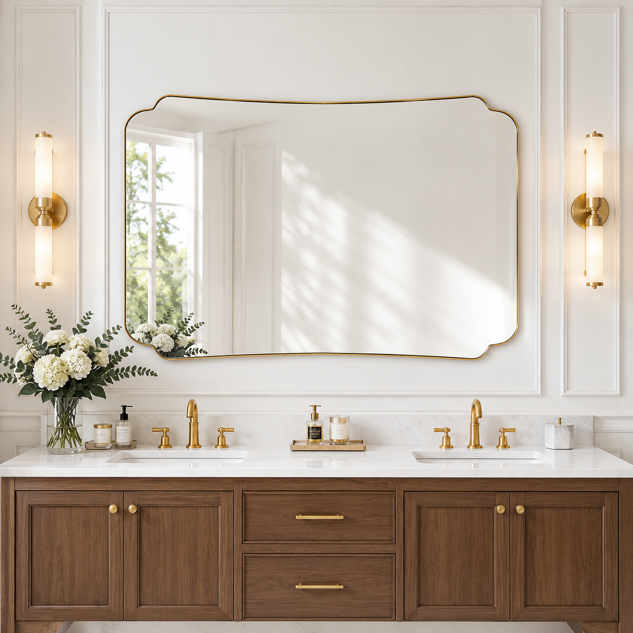 Contemporary Cut Corner Concave Edge Scalloped Bathroom Mirror | Stainless Steel Frame