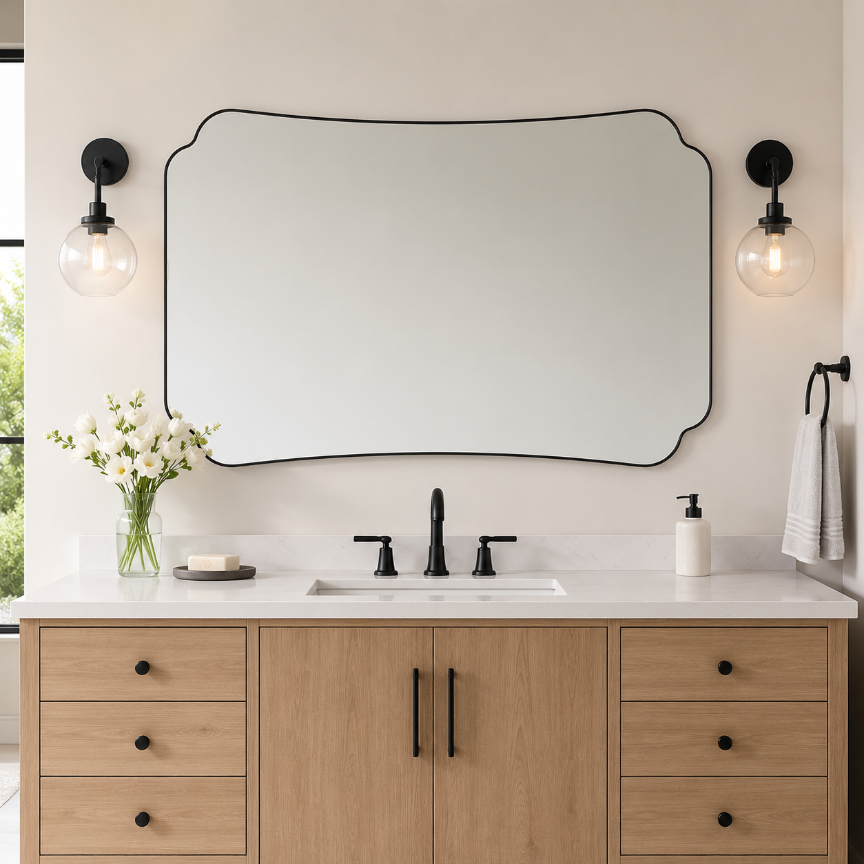 Contemporary Cut Corner Concave Edge Scalloped Bathroom Mirror | Stainless Steel Frame