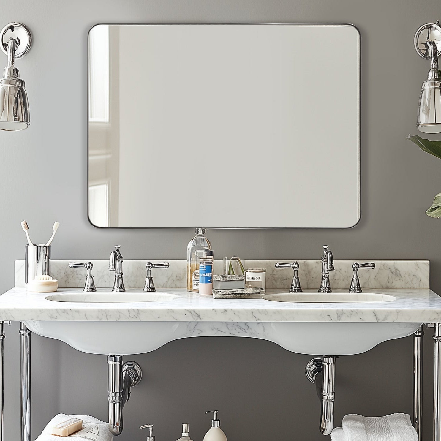 Modern Rounded Rectangle Mirror for Bathroom/ Vanity/ Wall | Stainless Steel Frame