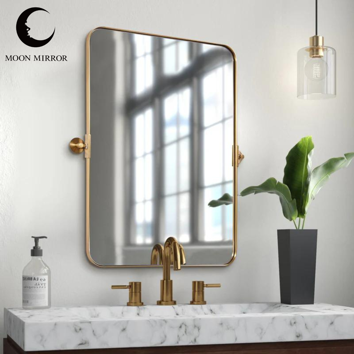 MOON MIRROR Modern Gold Tilting Rectangle Pivot Mirrors for Bathroom with Stainless Steel Frame