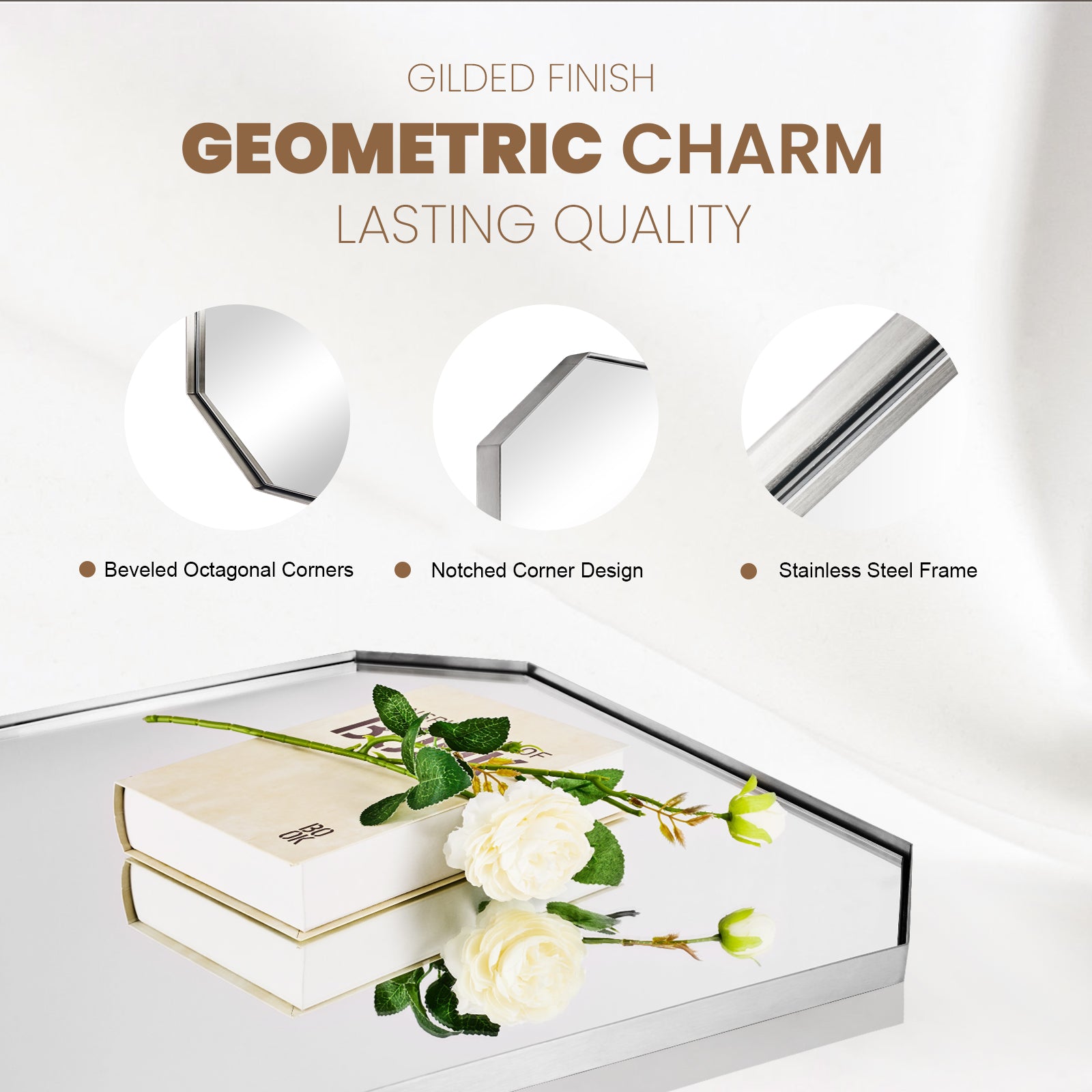 Contemporary Cut Corner Octagonal Scalloped Rectangle Mirror for Bathroom  |Stainless Steel Frame