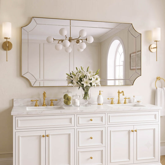 Modern Glass Tiles Edge Cut Corner Scalloped Bathroom Vanity Mirrors | Stainless Steel Frame