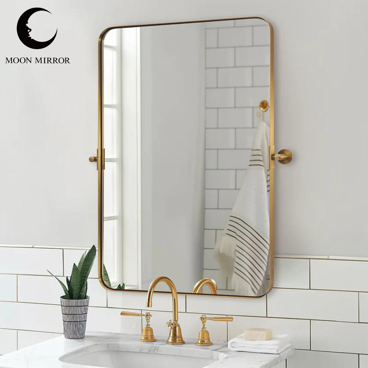 MOON MIRROR Modern Gold Tilting Rectangle Pivot Mirrors for Bathroom with Stainless Steel Frame