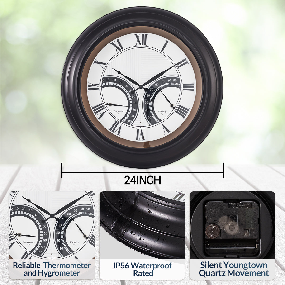 Contemporary 24 Inch Large Outdoor Wall Clock Waterproof Illuminated Clock,Stripe Dial