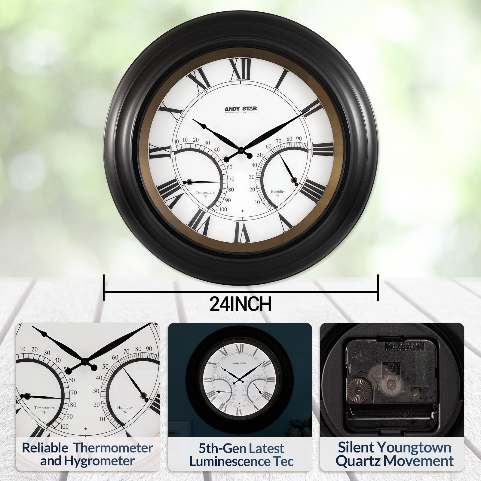 Modern Large Outdoor Wall Clock with Thermometer Waterproof Illuminated,24 Inch