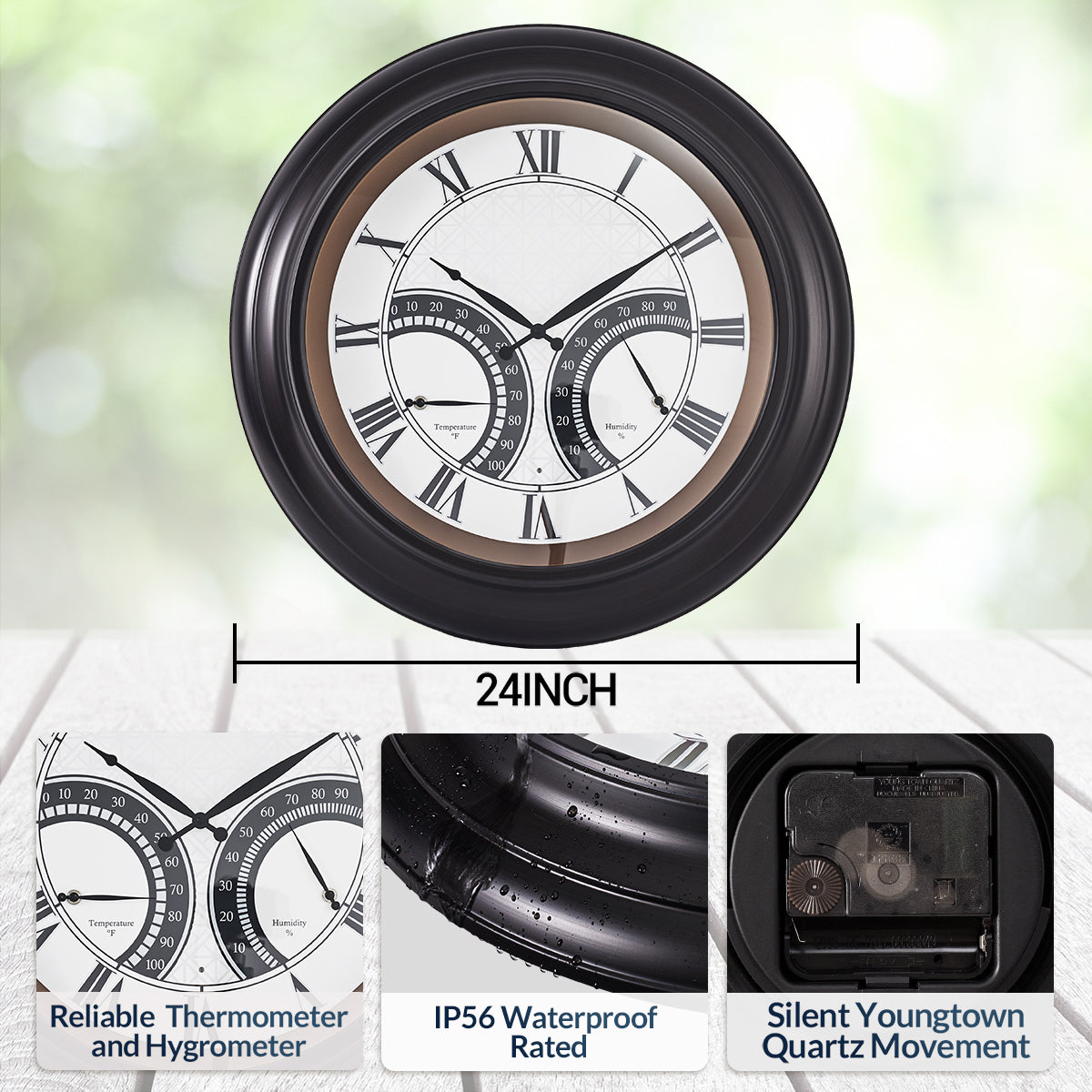 24 Inch Outdoor Wall Clock Large Waterproof Illuminated Clock with Thermometer,Geometric Dial