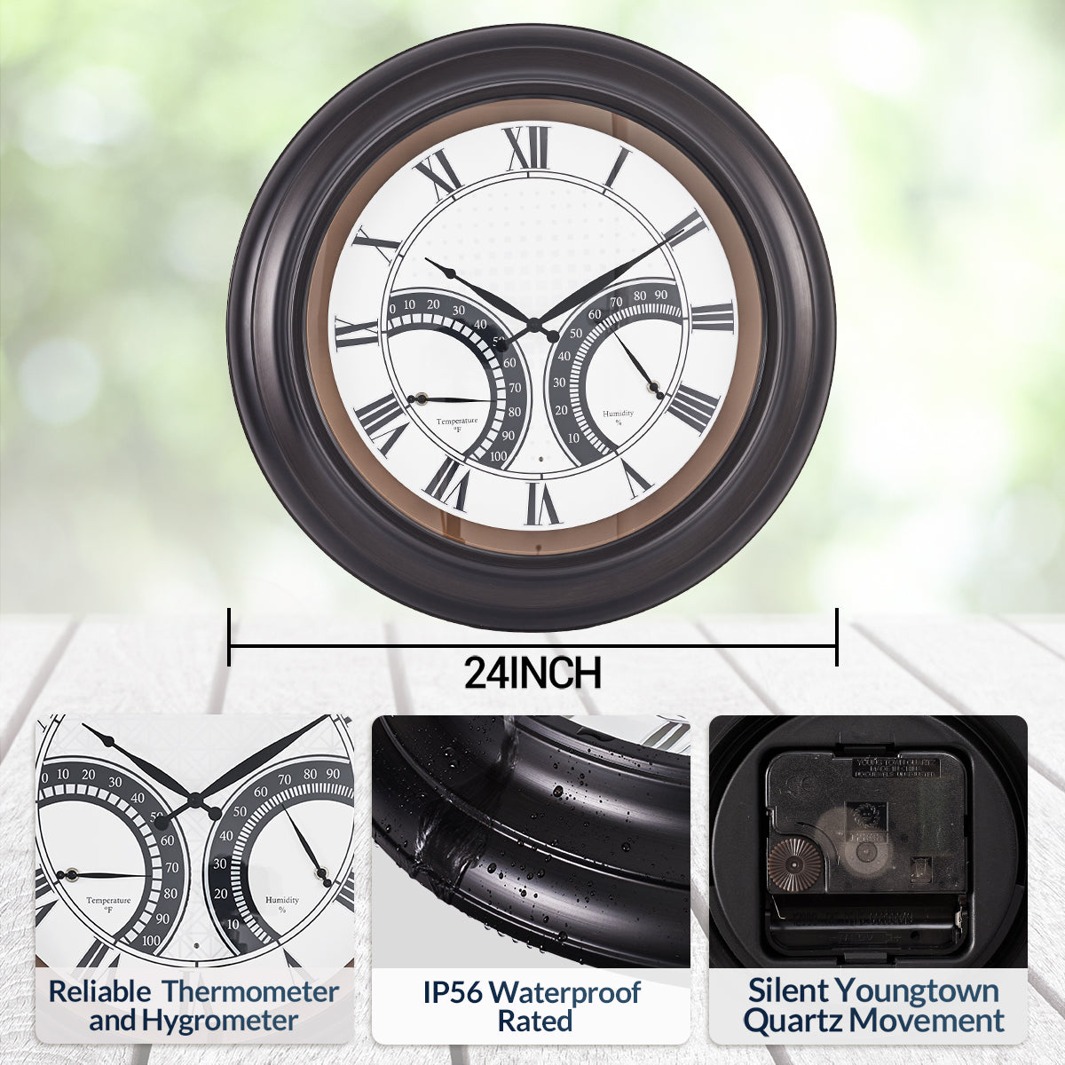 24 Inch Outdoor Wall Clock Large Waterproof Illuminated Clock with Thermometer,Square Grid Dial