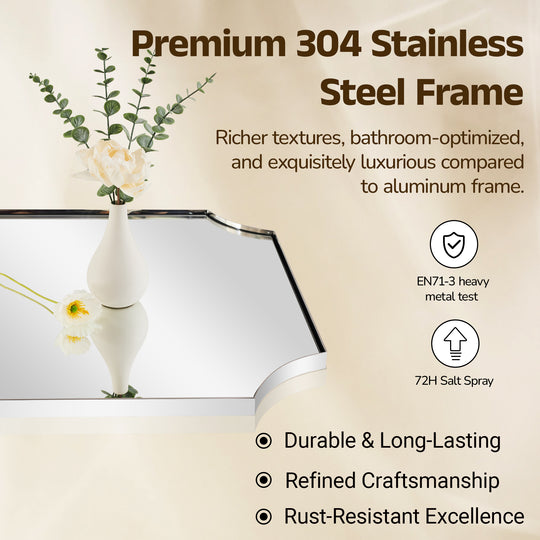 Contemporary Notched Corner Scalloped  Rectangle Bathroom Vanity Mirror | Stainless Steel Frame