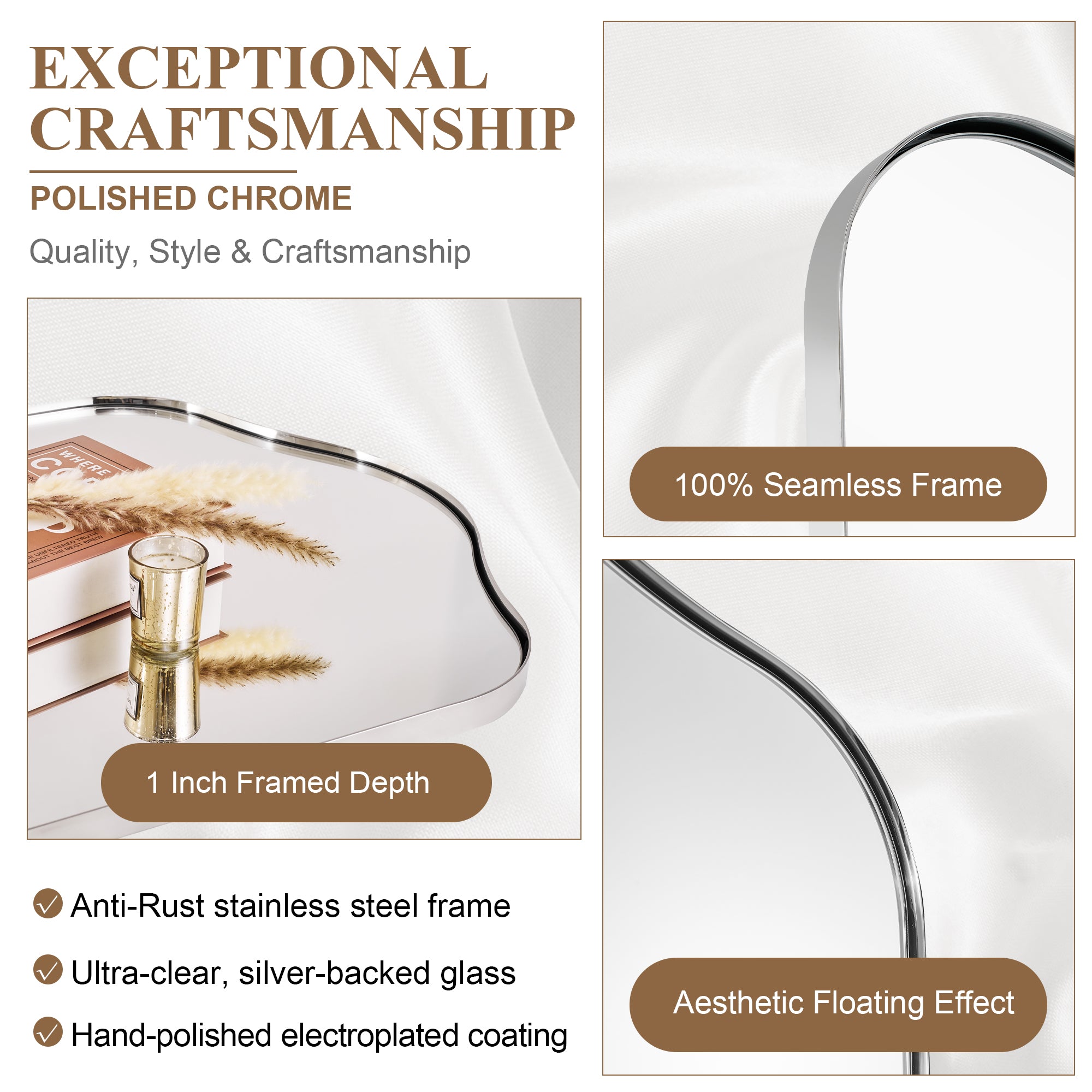 Contemporary Arch Top Curved Arched Bathroom Vanity Mirror | Stainless Steel Frame