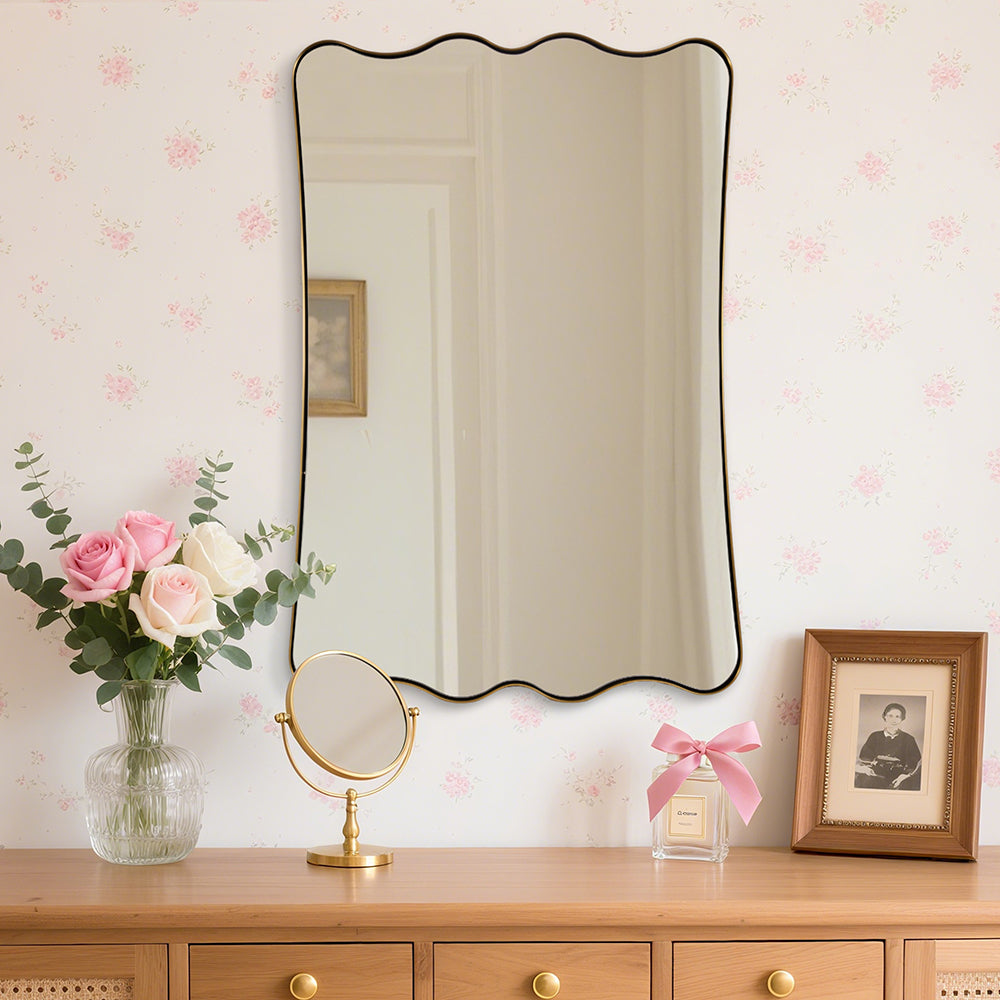 Contemporary Wavy Scalloped Rectangle Mirror Decorative Bathroom Mirror | Stainless Steel Frame
