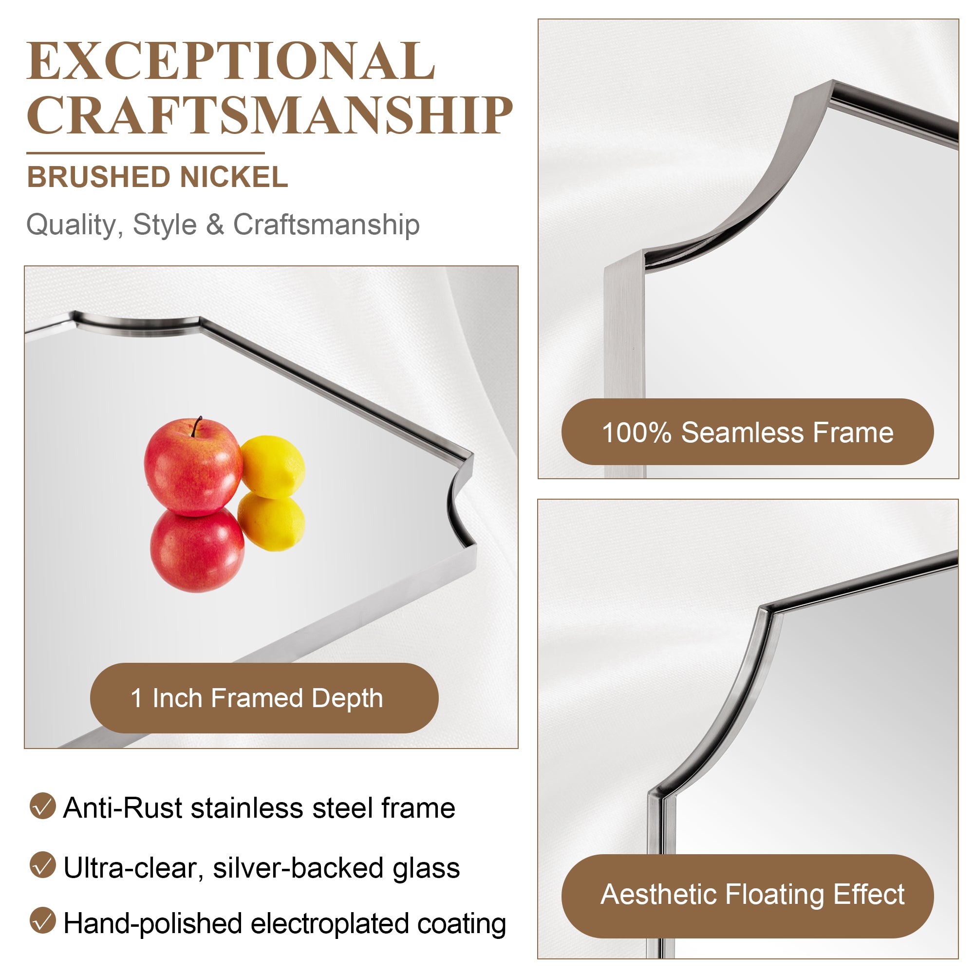 Contemporary Notched Corner Scalloped  Rectangle Bathroom Vanity Mirror | Stainless Steel Frame