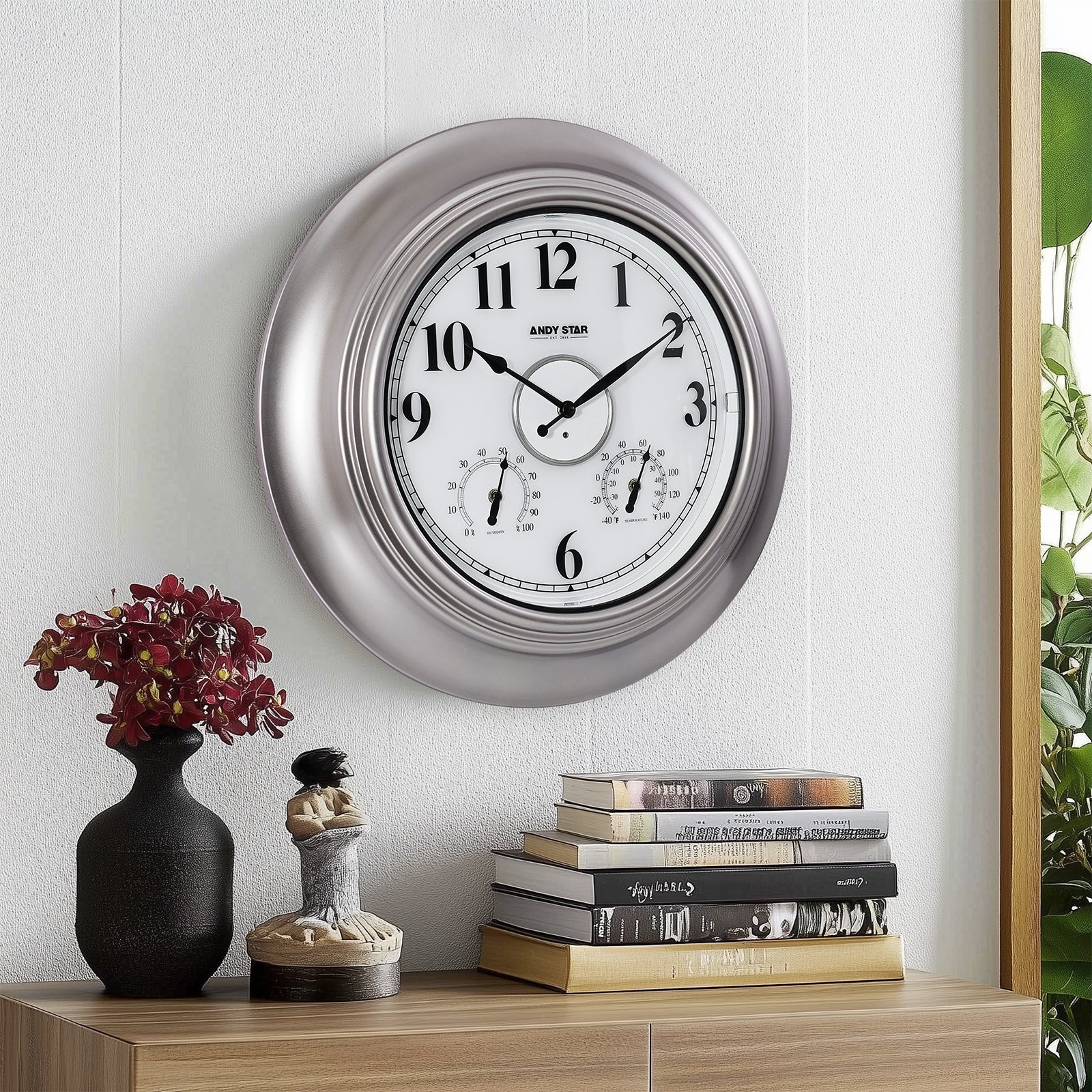 Waterproof Bathroom Wall Clock Illuminated Outdoor Clock with Thermometer Weatherproof Silver