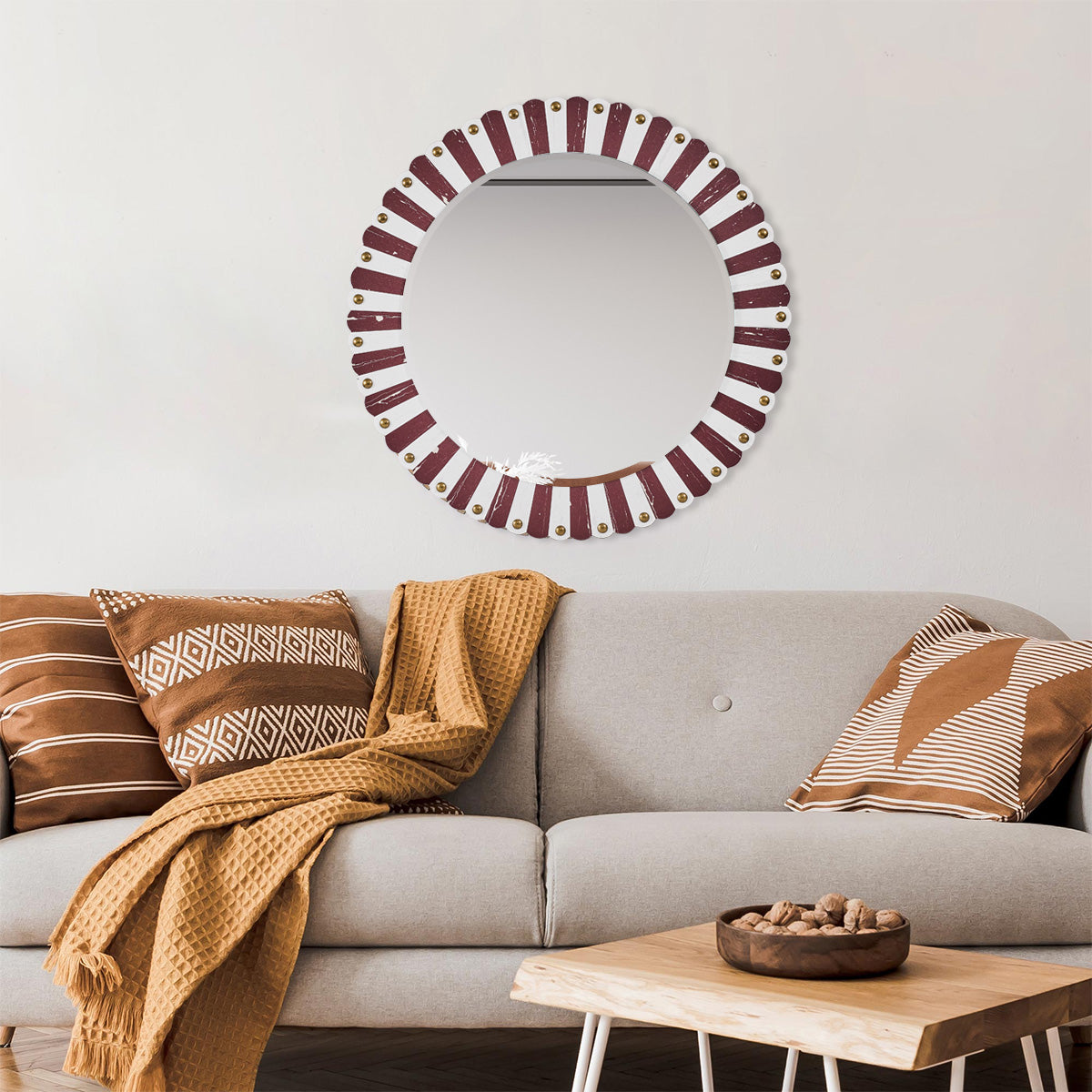 Rustic Wooden Round Wall Mirror Decor Accent Circle Mirror for Living Room, Bedroom, Entry