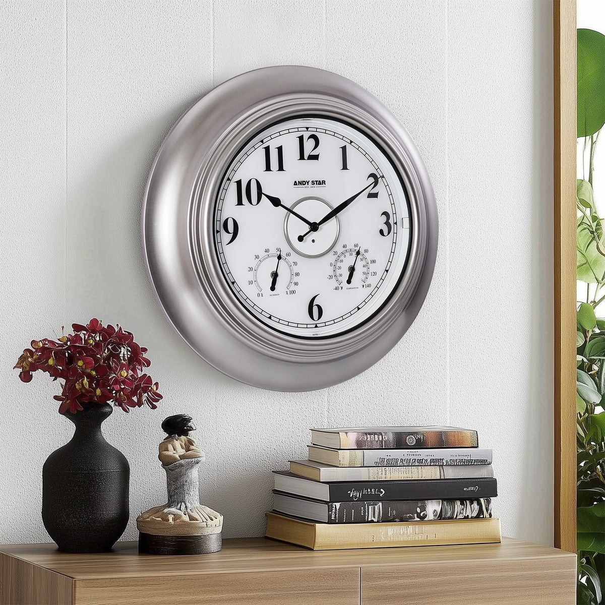 Contemporary Large Outdoor Wall Clock with Thermometer Weatherproof  Illuminated ,21 Inch