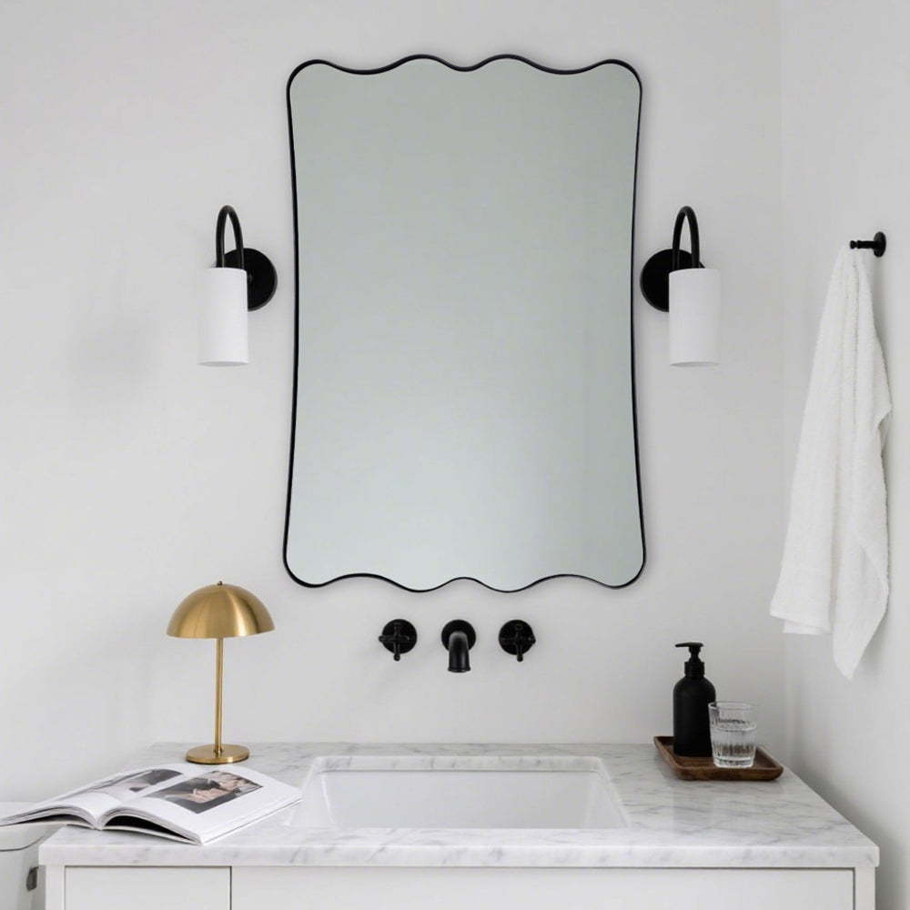 Contemporary Wavy Scalloped Rectangle Mirror Decorative Bathroom Mirror | Stainless Steel Frame