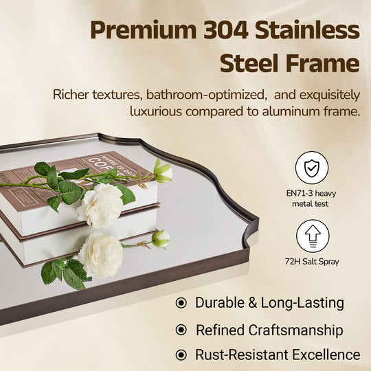Traditional Rectangle Scalloped  Wall Mirror for Bathroom | Stainless Steel Frame