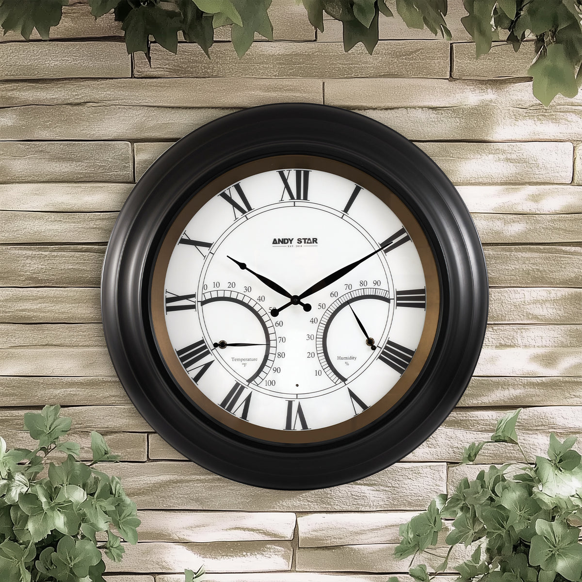 24 Inch Black Waterproof Large Outdoor Wall Clock with Thermometer
