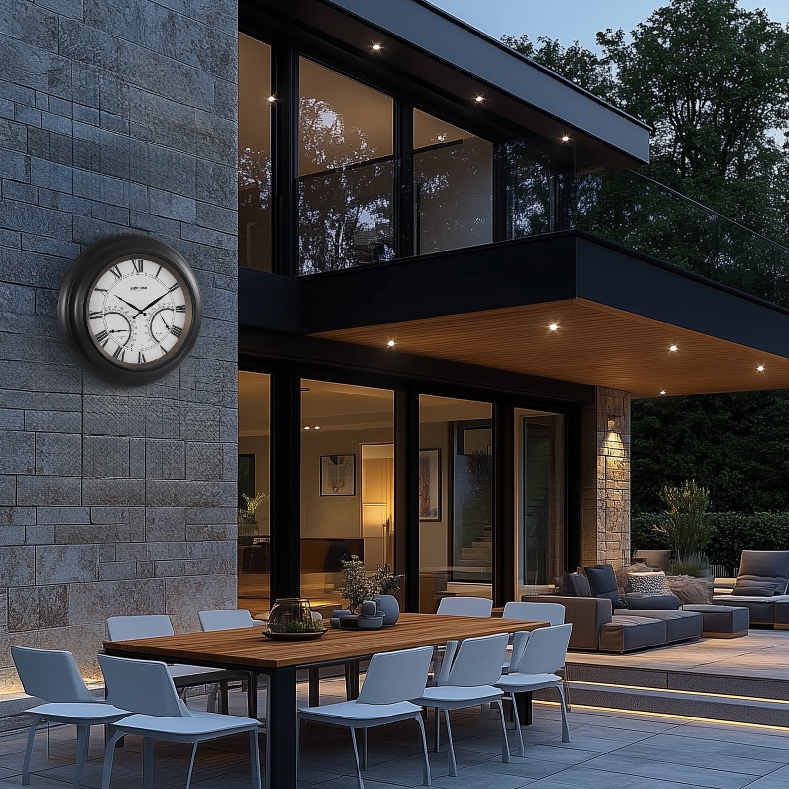 Contemporary Large Outdoor Wall Clock with Thermometer Waterproof Illuminated,24 Inch