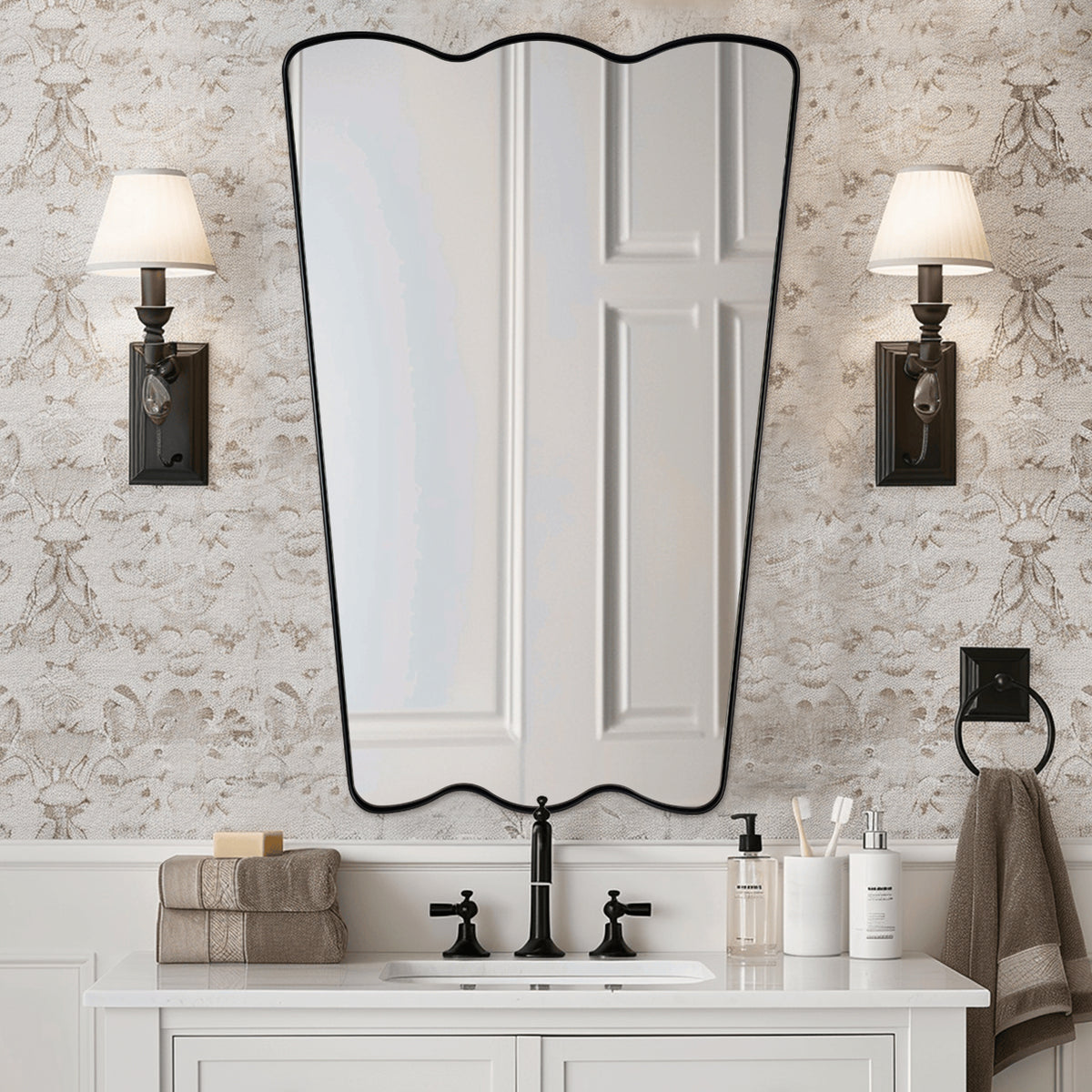 Trapezoidal Wavy Scalloped Bathroom Vanity Mirror | Stainless Steel Framed