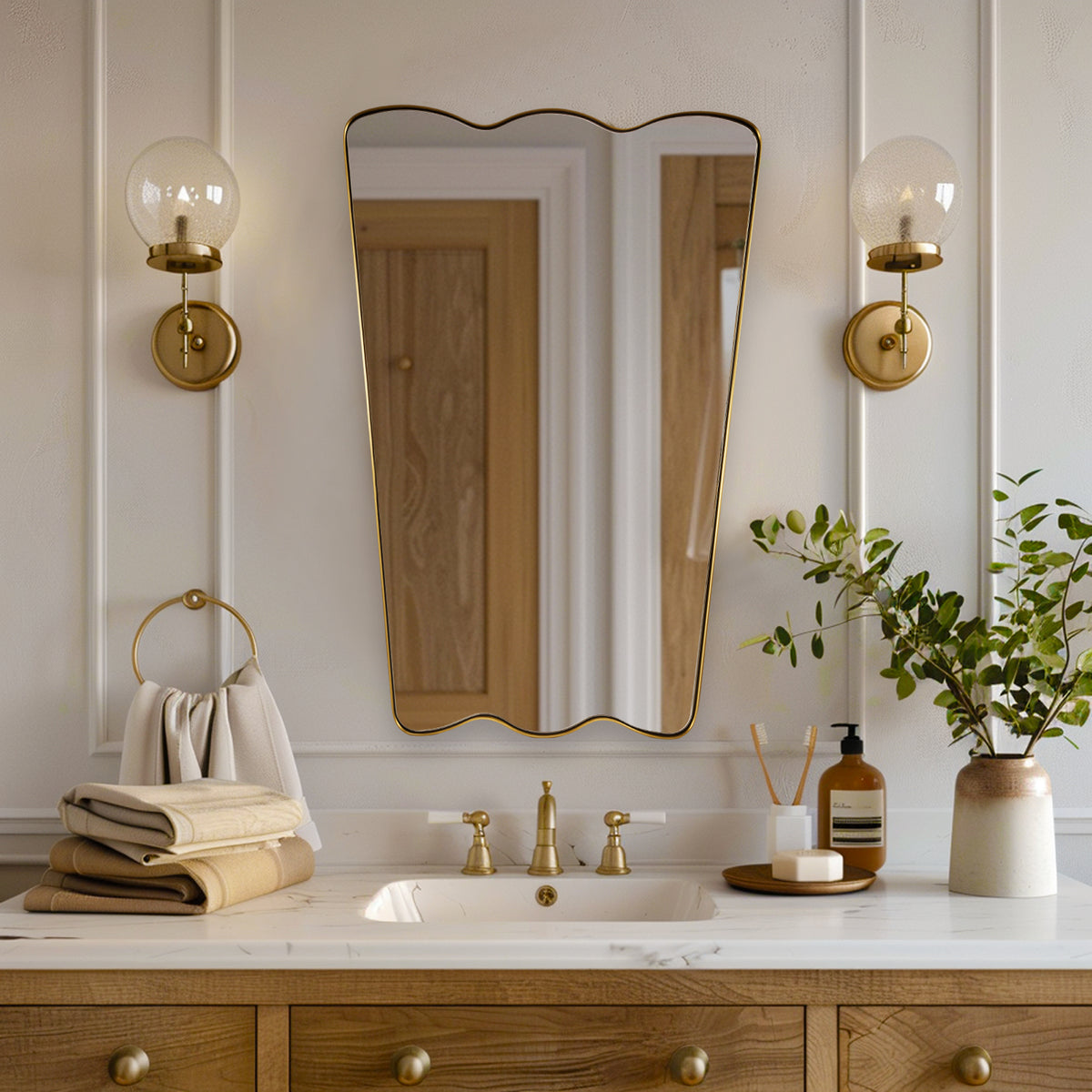 Trapezoidal Wavy Scalloped Bathroom Vanity Mirror | Stainless Steel Framed