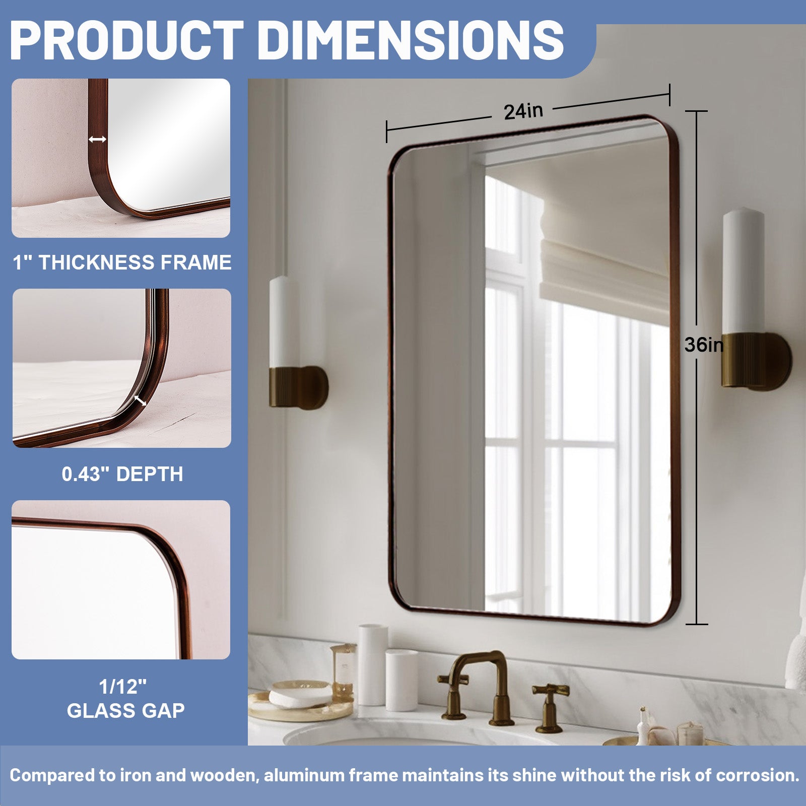 Luxury Rounded Rectangular Bathroom Mirrors with Aluminum Framed