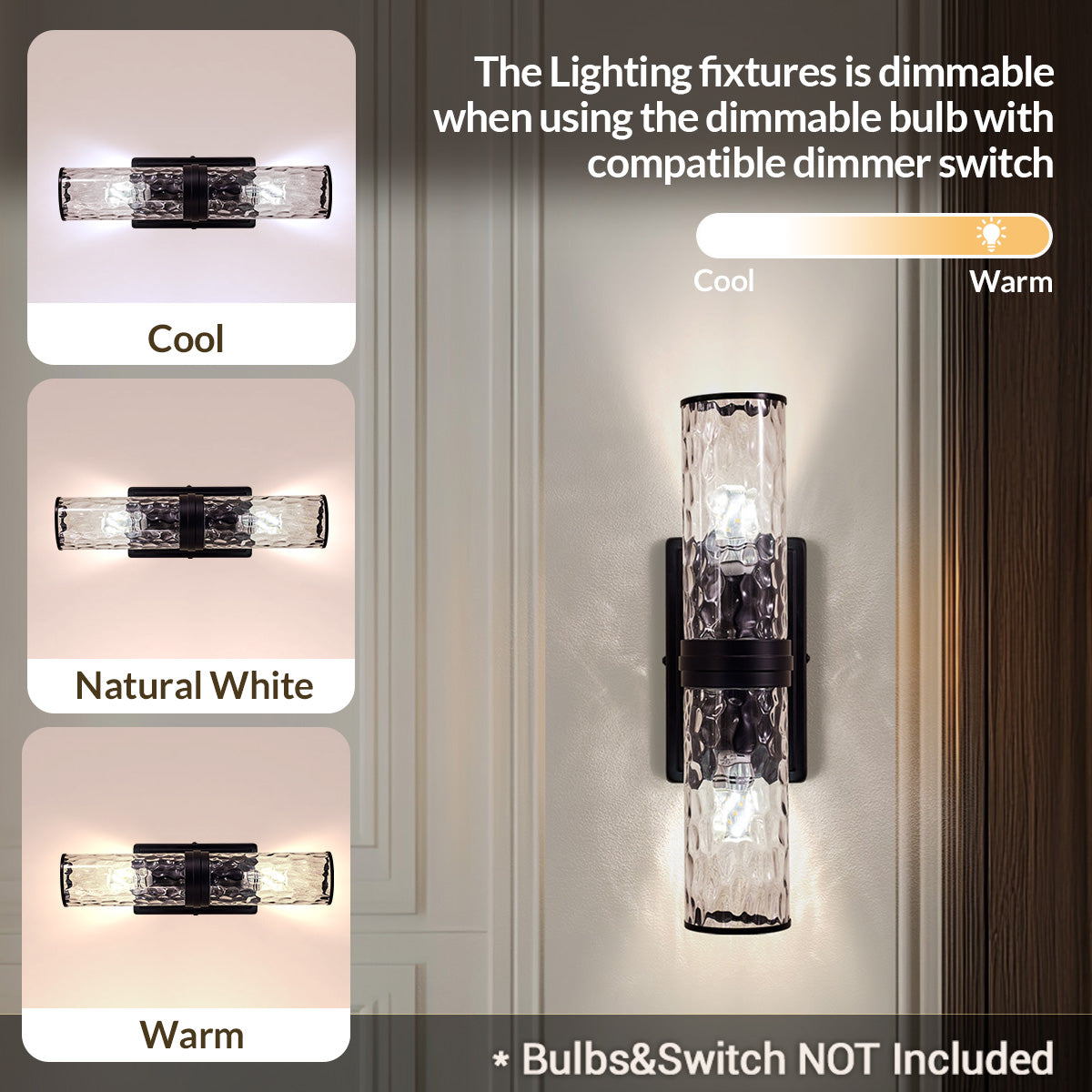 MOON MIRROR Modern Double-Cylinder Hammer Glass Shade Wall Sconce Bathroom Light Fixture