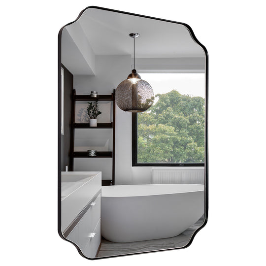 Contemporary Rounded Notched Corner Irregular Scalloped Mirror for Wall /Bathroom | Stainless Steel Frame