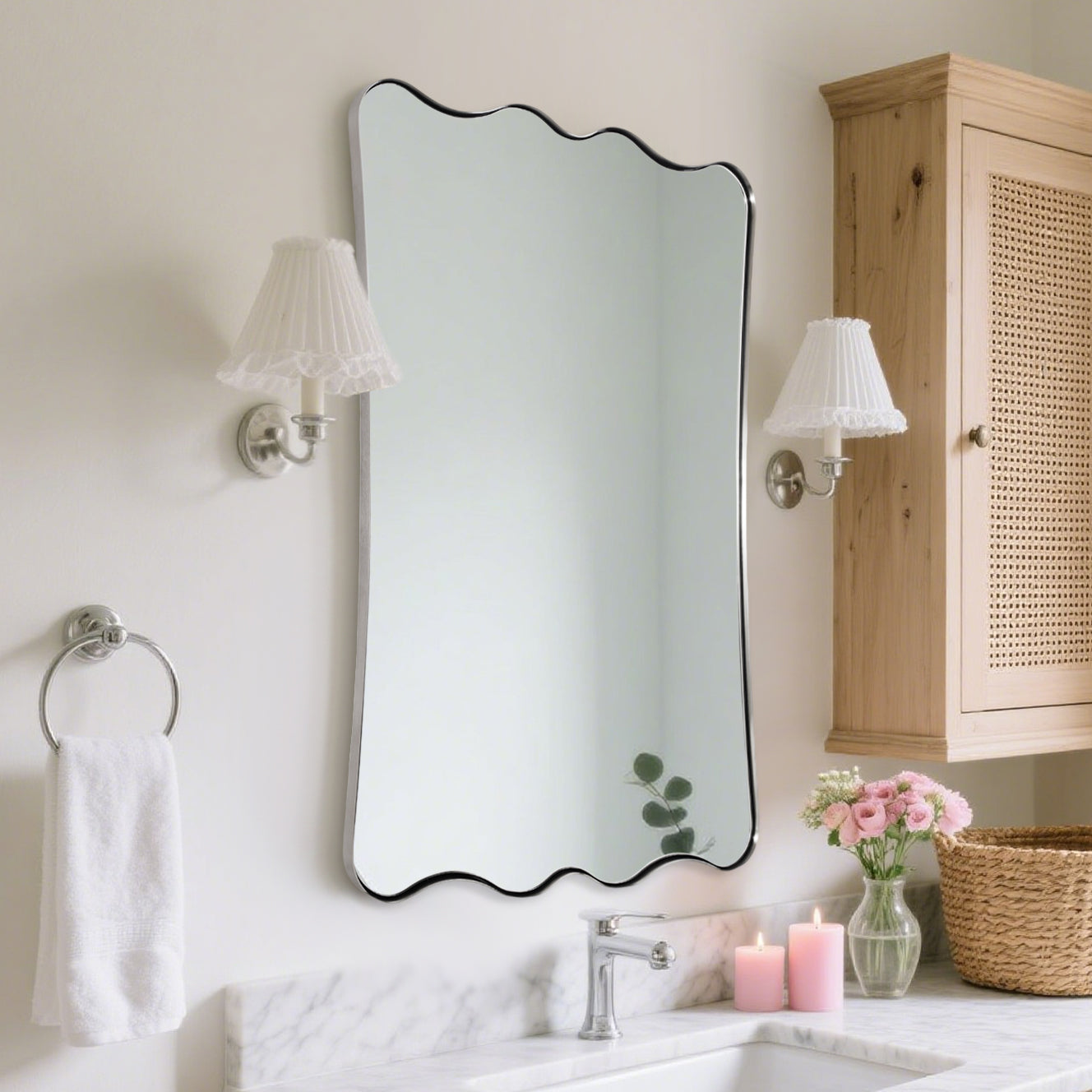 Contemporary Wavy Scalloped Rectangle Mirror Decorative Bathroom Mirror | Stainless Steel Frame