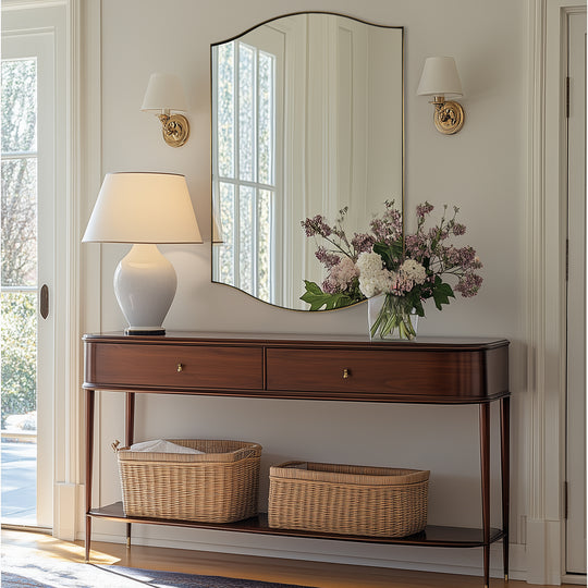 Dual Curve Arch Rectangular Scalloped  Bathroom Wall Mirror |Stainless Steel Framed