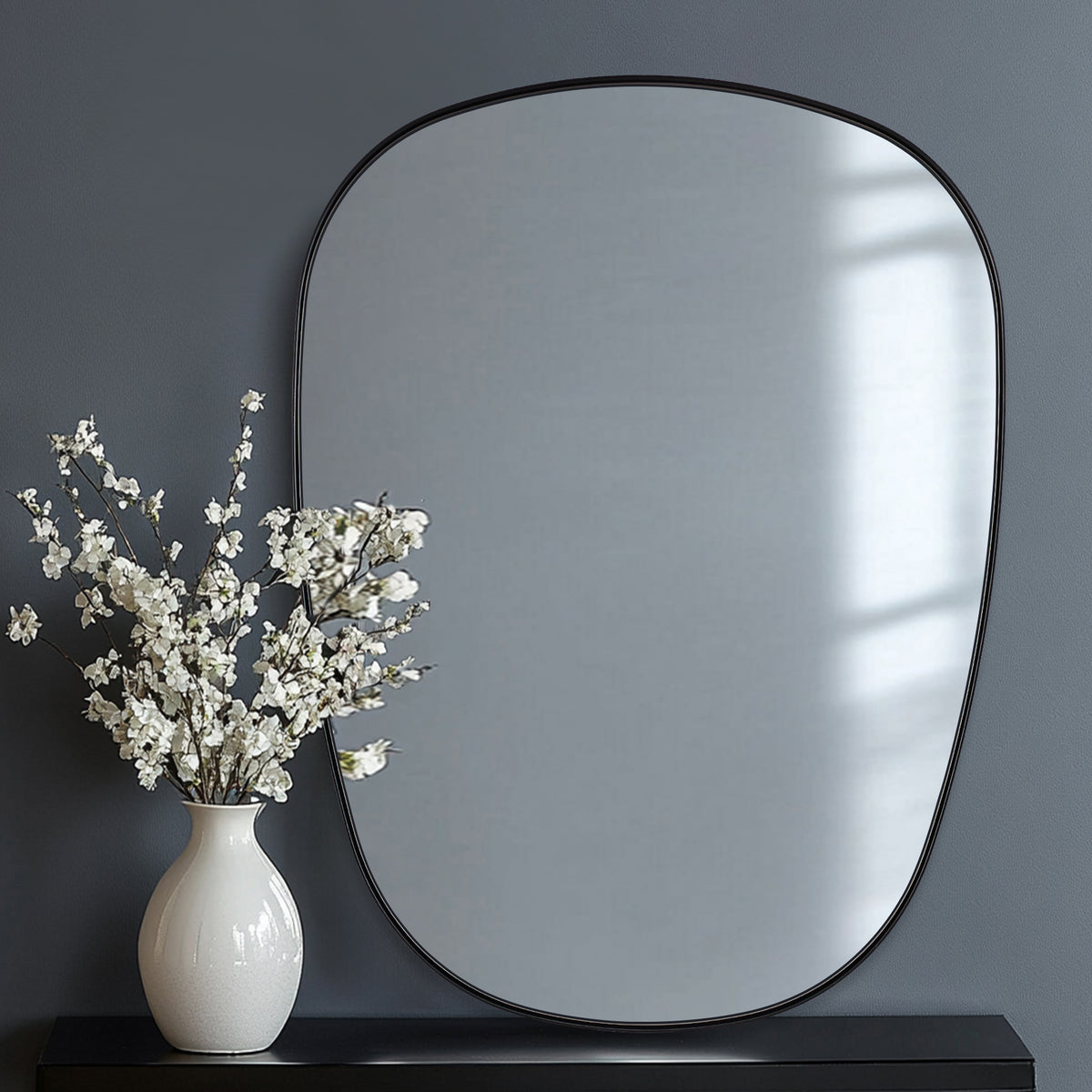 Contemporary Irregular Pebble Organic  Bathroom Wall Mirror Asymmetric Decorative Mirror | Stainless Steel Frame