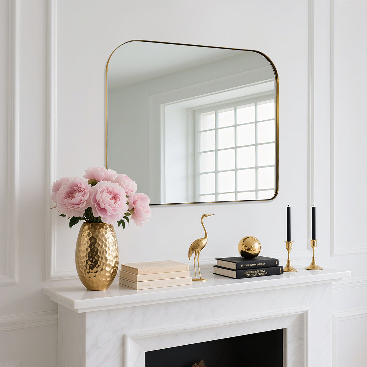 Modern Mantel Wide Arch Rectangle Bathroom Vanity  Mirror | Stainless Steel Frame