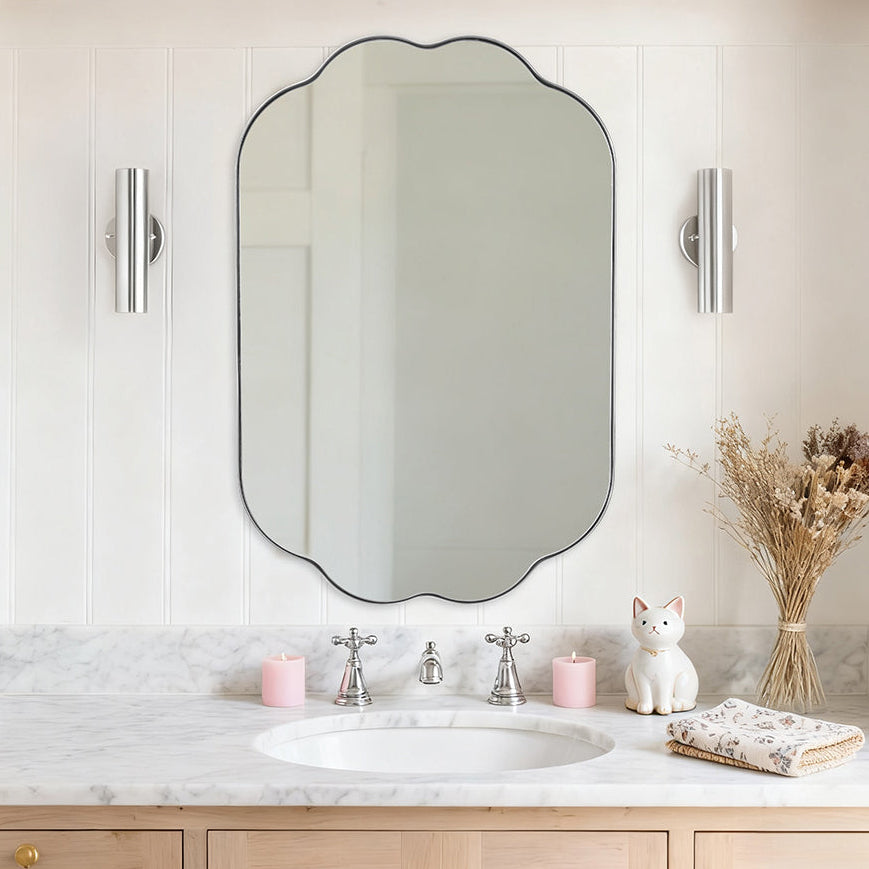 Contemporary Pill Shaped Long Oval Scalloped Bathroom Vanity Wall Mirror| Stainless Steel Framed