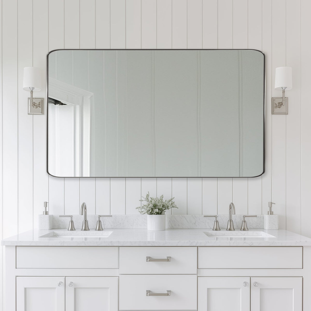 Open Box Like New : Modern Rounded Rectangle Mirror for Bathroom/ Vanity/ Wall | Stainless Steel Frame