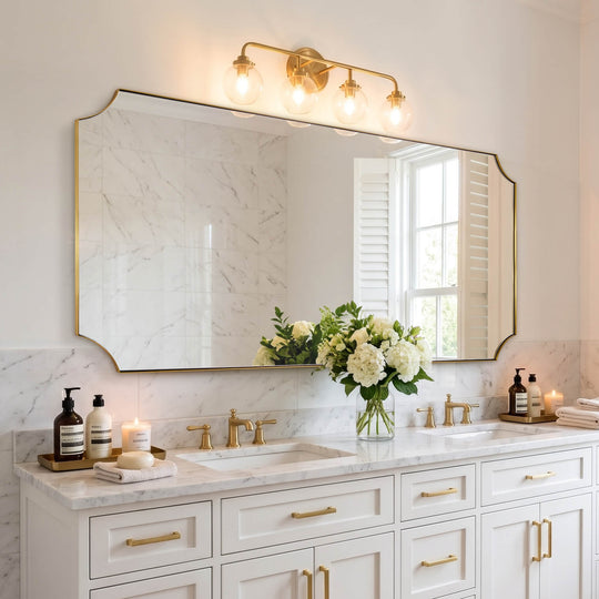 Modern Cut Corner Scalloped  Rectangle Bathroom Vanity Mirror | Stainless Steel Frame