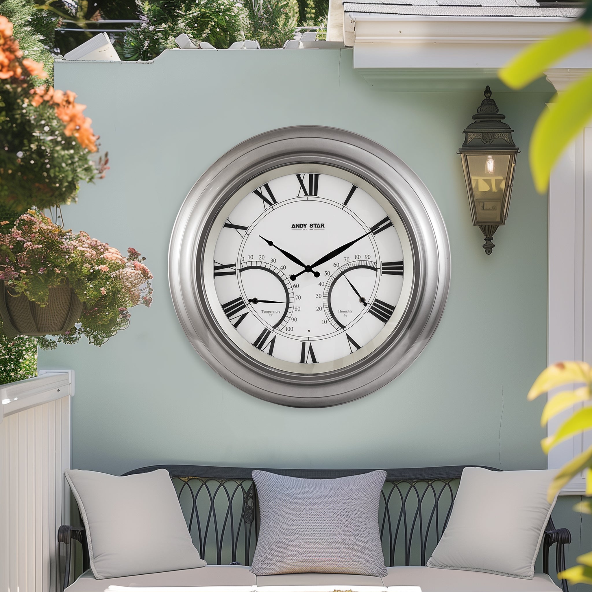 Contemporary Large Outdoor Wall Clock with Thermometer Waterproof Illuminated,24 Inch