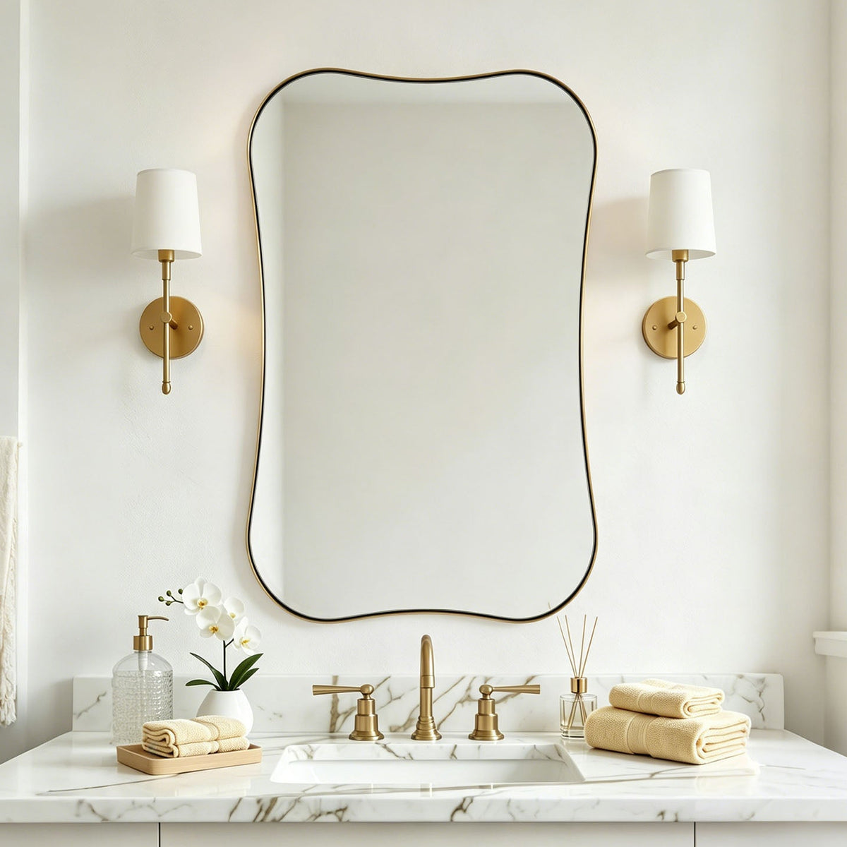 Contemporary Dual  Concave Edge Rouded Scalloped Rectangle Wall Mirror | Stainless Steel Frame