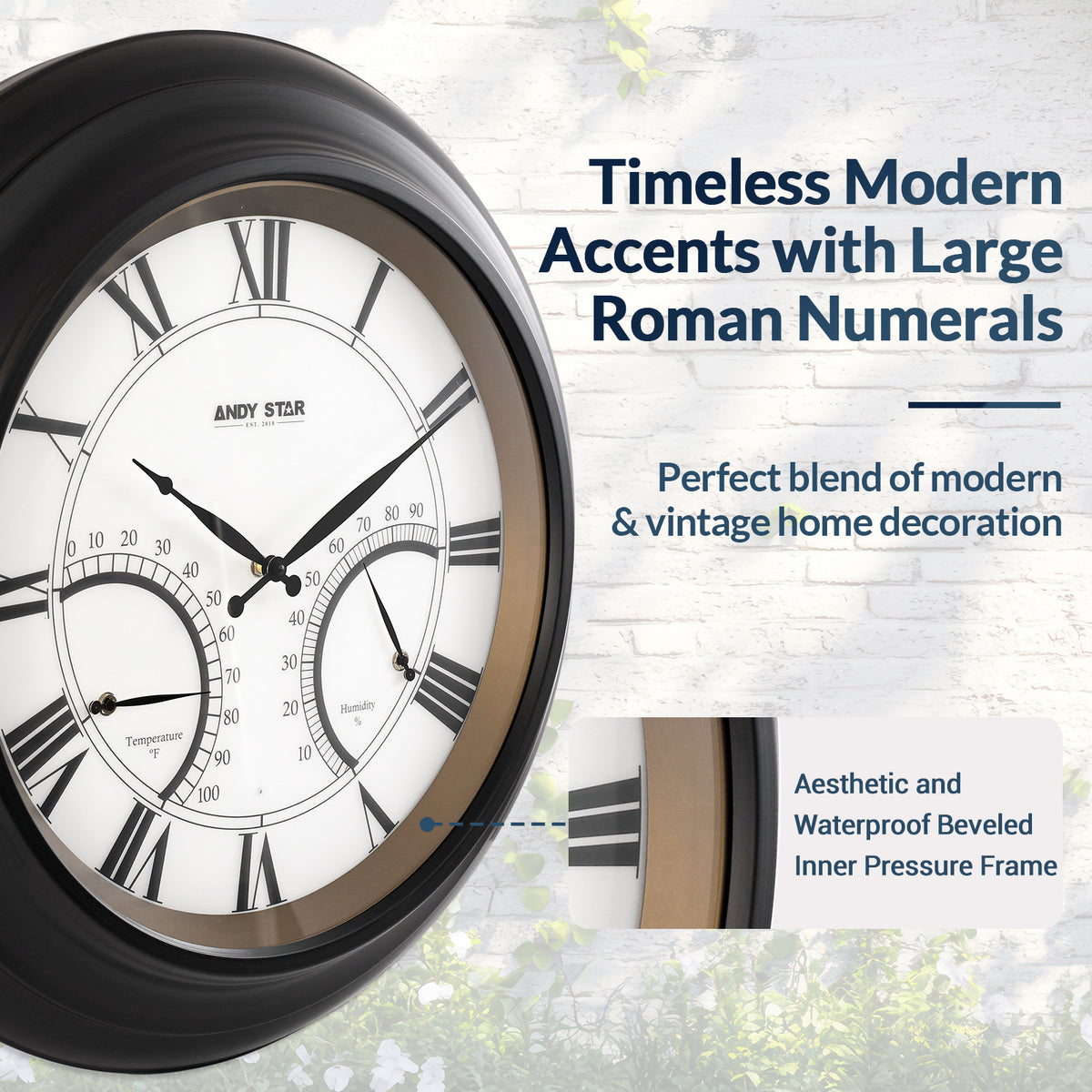 24 Inch Black Waterproof Large Outdoor Wall Clock with Thermometer