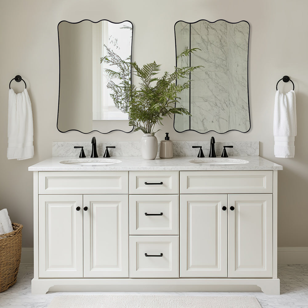 Contemporary Wavy Scalloped Rectangle Mirror Decorative Bathroom Mirror | Stainless Steel Frame